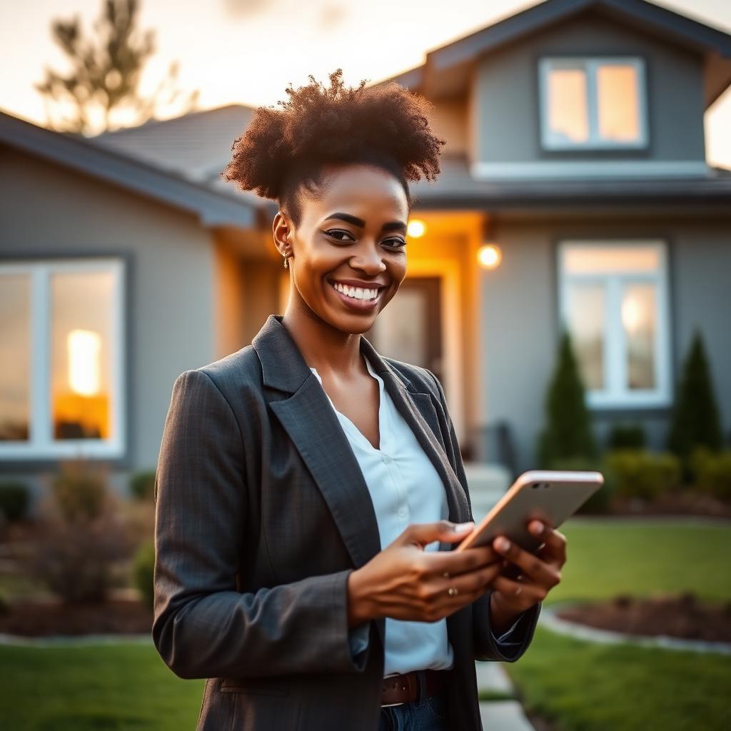 Smiling real estate agent using a smartphone in front of a modern home