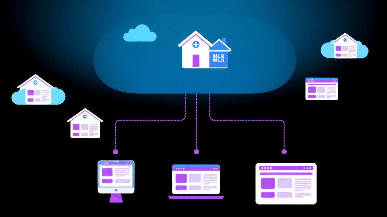 Illustration of MLS listings syndicating from a central platform to agent and broker websites and portals