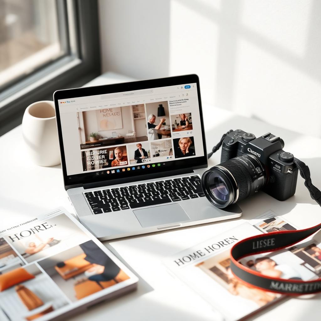 Marketing workspace with laptop, camera and home decor magazines