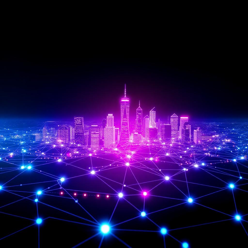 Glowing connected network of nodes over a city skyline