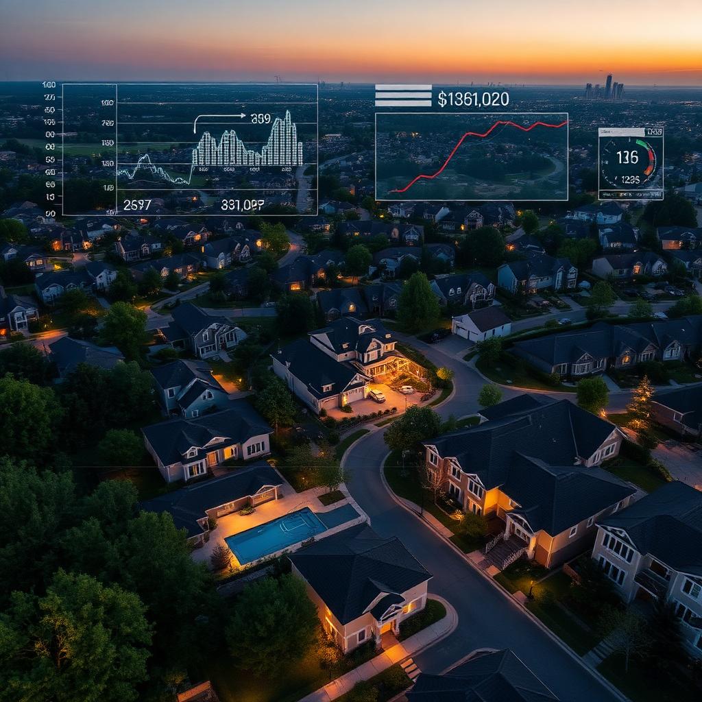 Aerial view of a suburban neighborhood with overlaid predictive analytics charts