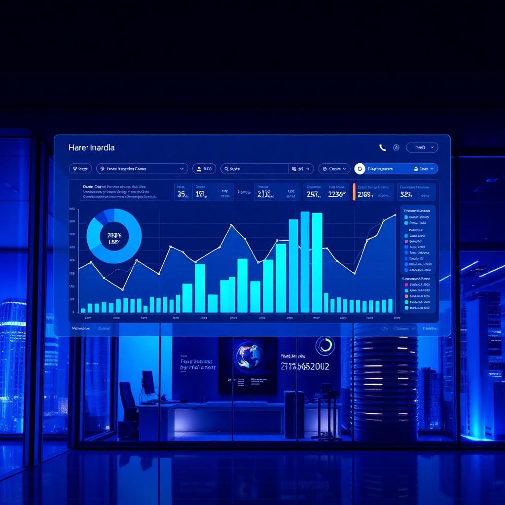 Productivity analytics dashboard glowing over a modern real estate office