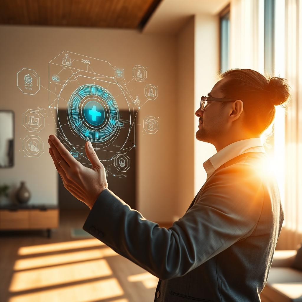 Real estate agent interacting with an AI interface in a sunlit modern home